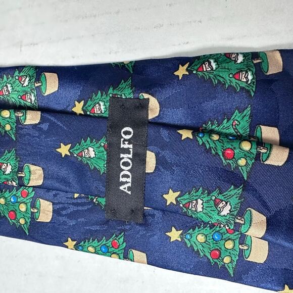 Adolfo navy blue christmas tree print 100% silk tie - Picture 3 of 3